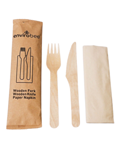 250 x Envirobee® 3in1 Wooden Meal Kit - Knife/Fork/Napkin